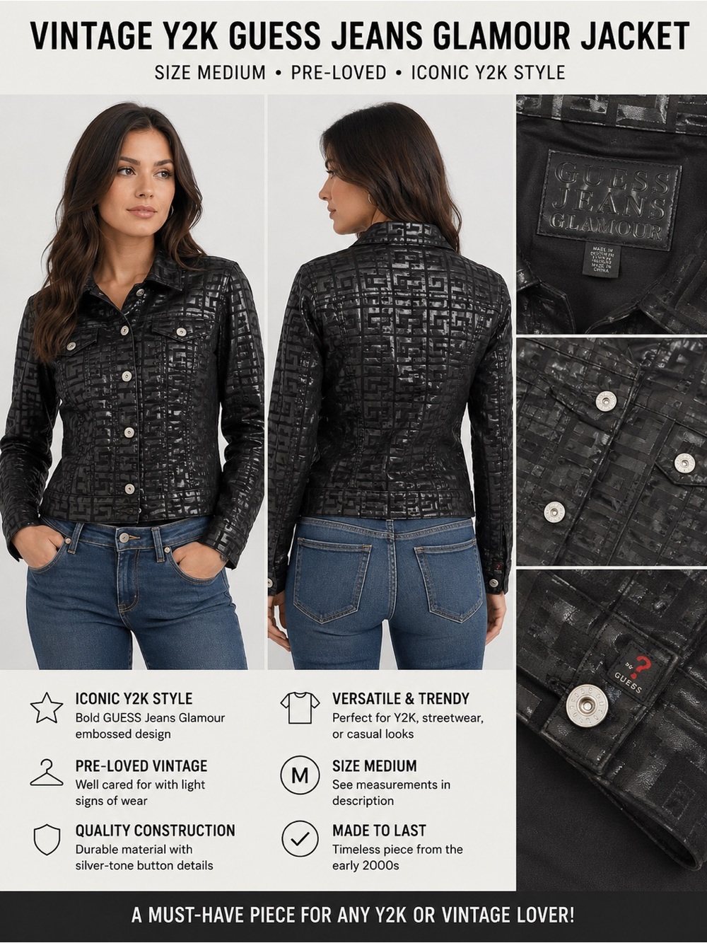 Vintage Guess Jeans‎ Glamour Jacket Black Glossy Monogram G Size Medium